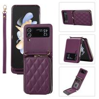 Crossbody Card Holder Wallet Case for Samsung Galaxy Z Flip 7 FE 6 5 4 3 5G Flip6 Wrist Strap Zipper Vegan Leather Phone Cover for SM- Z Flip 7 tamsiai violetine spalva
