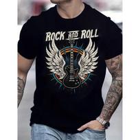 European Size A Men'S Rock Guitar Print T-Shirt - a Sporty Boat Neck Tee with Slight Stretch - Summer Patterned Casual Streetwear S juoda