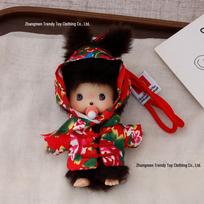 Monchhichi lėlės pakabukas su didelės gėlės rašto skarele - Naujųjų Metų stiliaus pliušinis raktų pakabukas Includes Braided Rope black