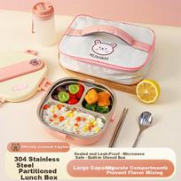 WORTHBUY 304 Stainless Steel Insulated Lunch Box Children's Dining Plate Primary School Portable Compartment Bento Box Pink Set with Cup and Bag