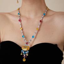 Luxurious and Exaggerated Brass Women's Long Necklace Paired with Colorful Zircon Fashion Jewelry Anniversary Gift 30inches&Geometry geltona