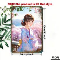 Blue Samurai Girl Cherry Blossom Vintage Metal Wall Art D Flat Iron Sign for Home Bar Office Garage Decor Retro Room Cave Sho 20x30cm（7.8x11.8inch）