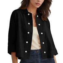 Women's Fashion -Color Cotton And Linen Double-breasted Short Half-sleeved Cardigan Top L juoda