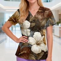 Women's V-neck Three-pocket Short-sleeved Retro Print  Uniform/caregiver Top With Slits At The Hem L mėlyna