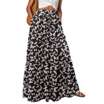 Women's Fashion Bohemian Print Elastic Waist Skirt Loose Casual High Waist Tie Long Skirt L smėlis