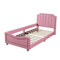 Teen Bed Children Bed, Upholstered 90x200cm Sofa Frame Flannel Multifunctional Soft with Backrest Armrest Parent-Child Youth Guest Pink rožinė