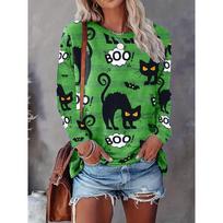 Halloween Women's Casual Cat All-Over Print Fashion Long Sleeve T-Shirt S