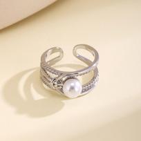 Nidin Light Luxury Double Layer Pearl Open Ring For Women Cubic Zirconia Inlaid Adjustable Finger Jewelry Wedding Party Gifts resizable sidabras