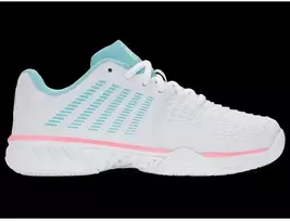 K-swiss EXPRSLIGHT3 HB PADEL balti/švelniai neoniniai mėlyni/neoniniai kramtomosios gumos spalvos sportiniai bateliai (98900-146-M)