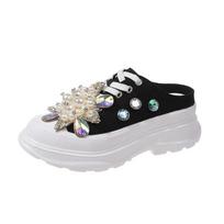 Fashion Spring New Women Sneakers Slipper Designer Platform Mules Flat Sandal Sweet Casual Lace Up Pearl Crystal Shallow Ladies Shoes 35 juoda