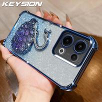 KEYSION Shockproof Plating Phone Case for OPPO Reno13 Pro 5G Clear TPU Glitter Jewelled Swan kickstand Back Cover for OPPO Reno13 5G for OPPO Reno13 5G mėlyna