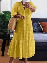 Summer Women Elegant Maxi Dress Plus Size V Neck Solid Half Sleeve One Piece Vintage Beach Party Fashion Sexy Female M geltona