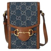 GUCCI Arkliuko įkaba 1955 Logotipo Džinsinis Mini Telefono Krepšys Dėžutė Peties Krepšys Mėlynas/Rudas Basic Set (Bag + Dustproof Bag)
