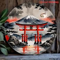 D Flat pc Mount Fuji with Red Torii Gates  Full Moon Round Wrought Iron Wall Art  D Flat Printed Japanese Landscape Decor 20x20cm(8x8inch)