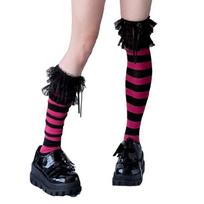 Fall Warm Thigh High Stockings for Women Japanese Ruffled Lace Top Bowknot Gothic Stripe Over Knee Long Socks Hosiery