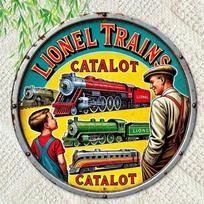 Acrylic Painting Retro Lionel Trains Catalot Sign with Vintage Locomotives and Nostalgic Characters Distressed Metal Style Wall 20x20cm(8x8inch)