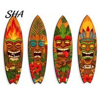 Wood Wall Ornament 4Pcs Tiki Surfboard Decor, Hanging Sign, Wooden Beach Decoration, Summer Nordic French Vintage Home Art Theme Hawaiian Luau A