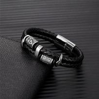 Norse Runes Leather Bracelet for Men Punk Braided Multilayer Stainless Steel Couple Bangle 19cm