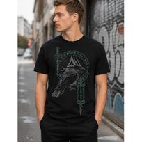 Men's Black Short Sleeve T-Shirt with Norse Raven & Rune Graphic, Crew Neck, Soft Cotton Feel, Urban Streetwear Fit for Casual Daily Wear S juoda