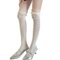 Lace Trimmed Thigh High Socks Breathable Nylon Fabric Geometric Weave Hollowout Over Knee Long Stockings for Women