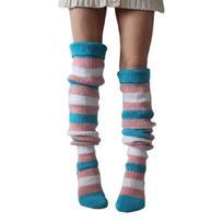 Autumn Slouch Crochet Knitting Colorful Striped Thigh High Long Socks for Women mėlyna
