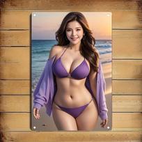 HD Metalinis skardinis ženklas Graži azijietė violetiškame bikiny ir megztuku, pozuojanti paplūdimyje per saulėlydį, vintage sienos meno dekoracija namams, barui 20x30cm（7.8x11.8inch）