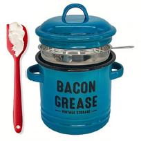 Enamel Grease Storage Jar with Strainer And Silicone Spatula For Preserving Bacons Drippings Fat And Cooking Oil Keeper mėlyna