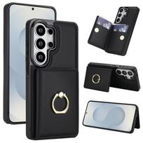 Žiedo laikiklis Vertikalus kortelės lizdas Piniginė Odinis dėklas Samsung S26 Ultra S25 Plus S24 S23 A16 A26 A36 Odos pojūtis Stovas Dangtelis Galaxy S22 5G juoda