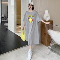 Korean version of summer loose loungewear lazy style round neck letter printing long cotton T-shirt maternity dress women M pilka spalva