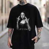 Men's oversized black cotton t-shirt with Mona Lisa graphic print, short sleeves, crew neck, relaxed fit, streetwear style for casual daily wear S juoda