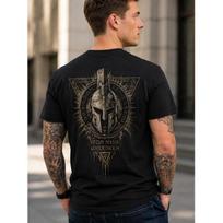 men's black short sleeve t-shirt with spartan helmet graphic back print, crew neck, relaxed fit, soft cotton feel, motivational iron mind unbroken S juoda