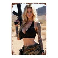D Flat Metal Sign Sexy Blonde Soldier Girl Tattoo Assault Rifle Military Camo Vintage Rustic Wall Art Decor 20x30cm（7.8x11.8inch）