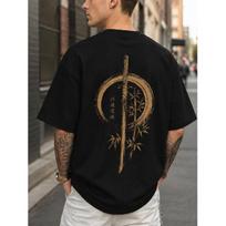 Men's Oversized Black Tee with Japanese Katana & Bamboo Graphic Print, Crew Neck Short Sleeve Cotton Blend Streetwear for Casual Daily Wear S juoda