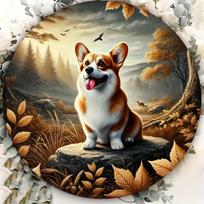 Autumn Forest Corgi Round Metal Tin Sign D Flat Dog Wall Plaque For Home Decor 20x20cm(8x8inch)