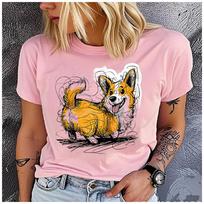 men Women's Polyester 100% The lively Corgi Print T-shirt Loose round Neck Casual Short Sleeve Fashion Top  Clothing Summer S