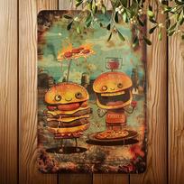 HD Metal Tin Sign Cute Burger Pizza Cartoon Characters Vintage Metal Wall Art Retro Food Themed Decor for Kitchen Cafe 20x30cm（7.8x11.8inch）
