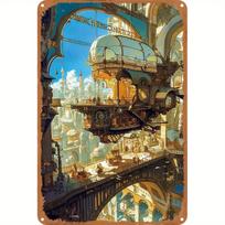 Vintažinis Steampunk Dangaus Miesto Peizažas Metalo Skardos Ženklas   Antikinis Geležinis Sienos Menas Daugiafunkcis Dekoras Namams Biurui Viešbučiui Kavinei 20x30cm（7.8x11.8inch）