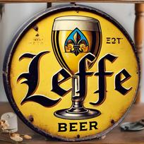 Vintažinis Leffe alaus HD spaudos metalinis skardinis ženklas su klasikiniu geltonu apvaliu ženklu ir dideliu alaus bokalu su FleurdeLis emblema 20x20cm(8x8inch) gray