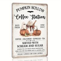 Vintage Pumpkin Hollow Coffee Station Metal Tin Sign Retro Halloween Ghost Pumpkin Latte Wall Art Decor Rustic Fall Coffee Bar 20x30cm（7.8x11.8inch）
