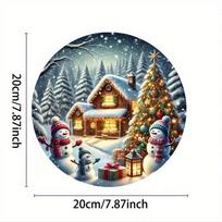 Acrylic Painting Cozy Winter Christmas Scene with Snowmen Lit Cabin Decorated Tree and Snowy Forest Festive Holiday Wall Decor 20x20cm(8x8inch)