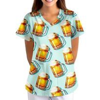 Women's Uniform - Oktoberfest Print Loose V-Neck Short Sleeve with Pockets XXXL mėlyna