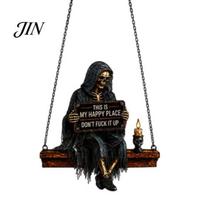 Dark Niche Home Decor Gothic Skeleton Acrylic Suncatcher Window Hanging, Vintage Grim Reaper Stained Glass with Decorative Hanging Sign Chain, Rainbow juoda