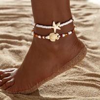 2 Pcs Starfish Turtle Charm Bohemian Summer Beach Elastic Anklet for Women
