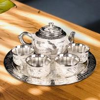 Chinese Style Teapot Set Drinking Tea Pot with Tray Cups Adults Gift for Wedding Party Home Silver White