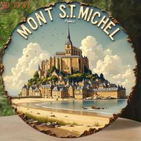 Mont St Michel France D Flat Round Metal Sign  Retro Travel Wall Decor for Home Bar Living Room 20x20cm(8x8inch)