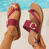 Women's Soft Sole Comfortable Toe-Post Metallic Buckle Thong, Non-Slip Flat Outdoor Casual Slides 37 raudona