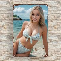HD Metalinis skardinis ženklas Besišypsanti šviesiaplaukė su dėmėtu bikini Retro sienų dekoras vyriškam urvui Paplūdimio vasaros stiliaus kambariui 20x30cm（7.8x11.8inch）