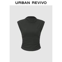 UR Women's Stand-up Collar Sleeveless Pleated Slim Short T-shirt tamsiai pilka spalva