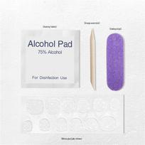 Nagų dailės rinkinys: Dvipusiai žele klijai, medinis dildytuvas, alkoholio servetėlės ir priedai. nail polish kit balta
