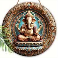 1pc 2d Flat Classic Wooden Ganesh Wall Hanging Sign - 20cm Round Multipurpose Decorative Plaque for Diwali, Bedroom, Living Room, Patio - Elegant Wall 20cm*20cm